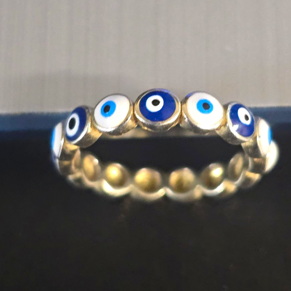 925 Sterling Silver Blue White Evil Eye Engraved Band Ring Signed Size 7